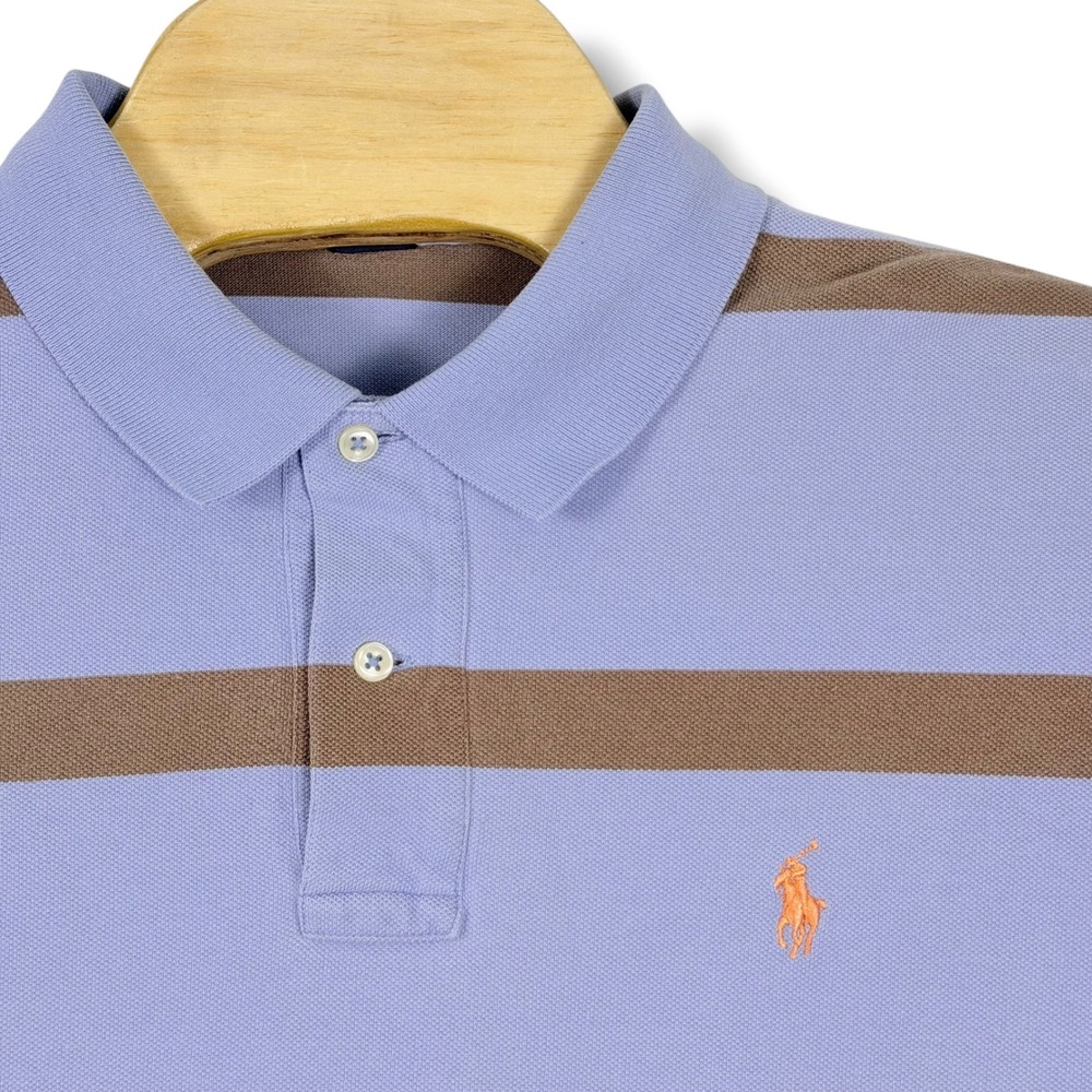 Vintage Polo Ralph Lauren Polo Shirt Men XL Blue Brown Stripe Classic Pony Golf